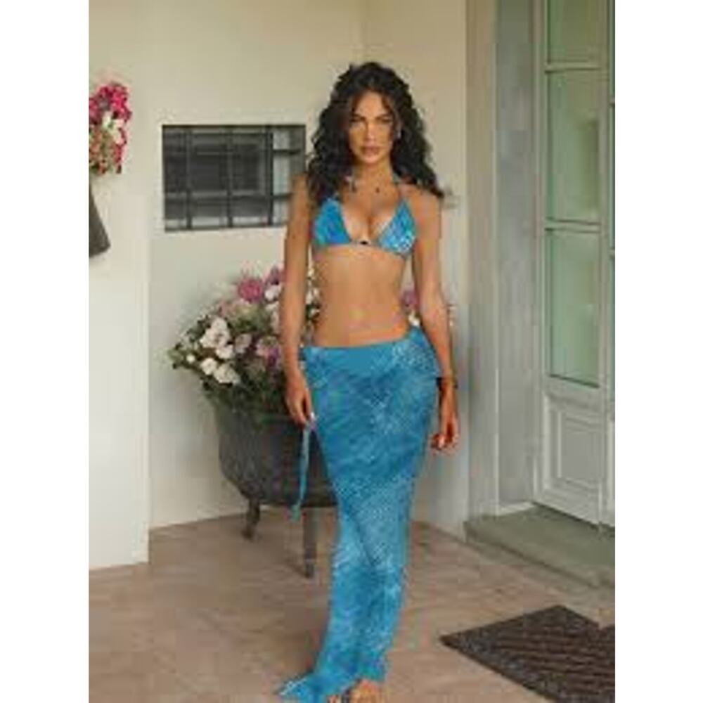 SEXY Mermaid THREE PIECE Bikini Set w Maxi Skirt Blue NEW NIP Size Small S